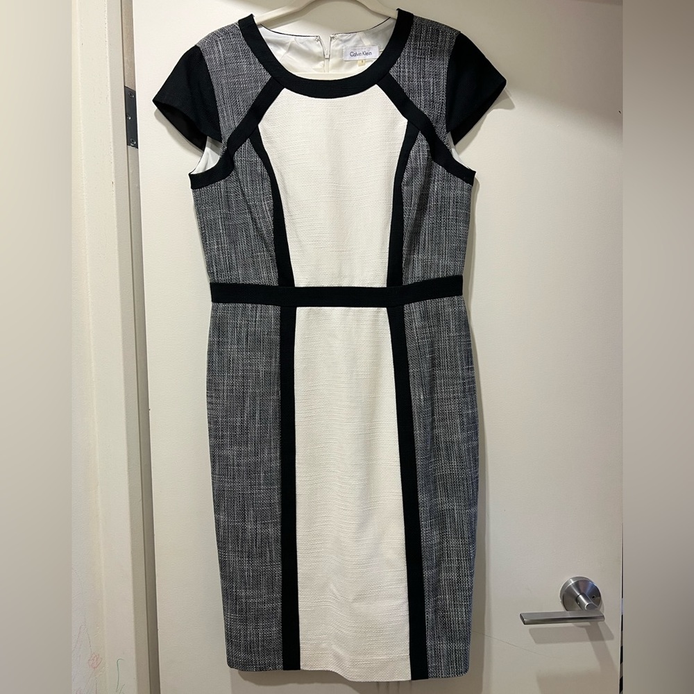 Calvin Klein Color Block Textured Sheath Dress - Black White Gray Size 8 EUC ✨